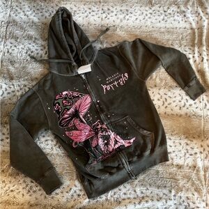 Melanie Martinez olive green Zip-Up Hoodie with Pink Mushroom Graphic NWT
